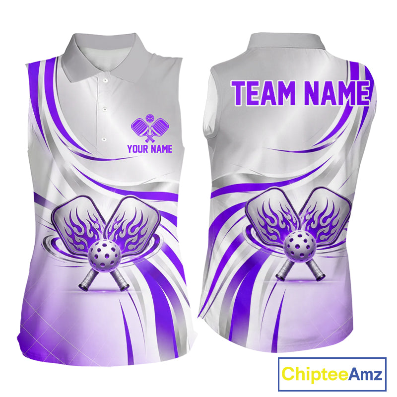 Purple And Silver Pickleball Custom Sleeveless Polo Pickleball Shirt For Women, Flame Pickleball Paddles Jerseys NYN4111