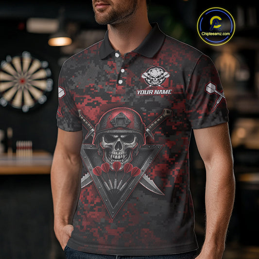Skull Warrior Red Digital Camo Custom Funny Darts Polo Shirt For Men Dart Jerseys NYN1951