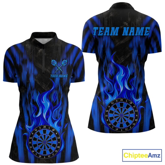 Grunge Black And Blue Flaming Dartboard Women Darts Shirt Personalized Team Darts Jersey NYN3247
