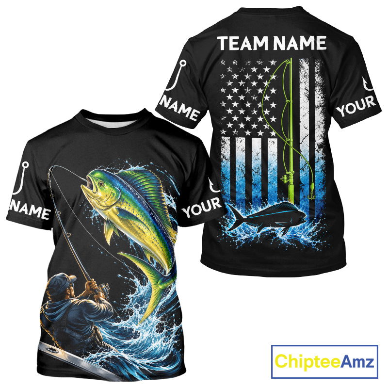 Custom Name Mahi Mahi Long Sleeve Fishing Jersey US Flag Fishing Rod Fishing Shirt, Gift For Fisherman NYN4874