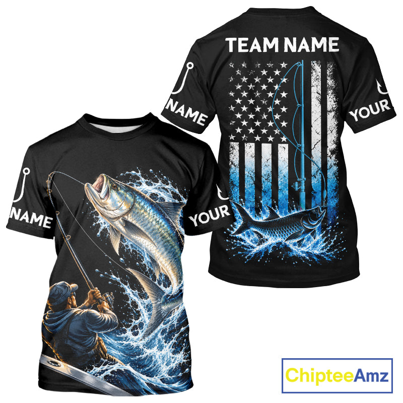 Custom Name Tarpon Long Sleeve Fishing Jersey US Flag Fishing Rod Fishing Shirt, Gift For Fisherman NYN4876