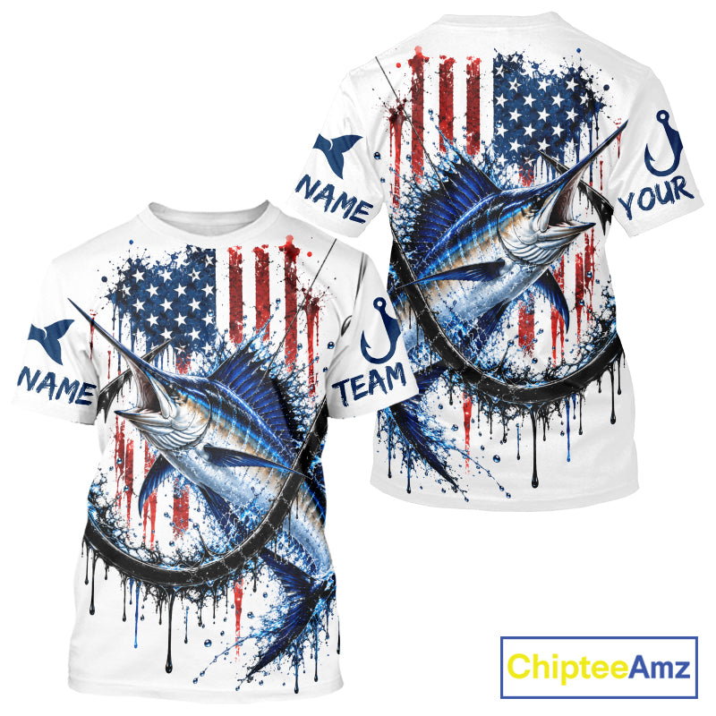 Custom Marlin Fishing Shirt Splatter US Flag Marlin Fishing Long Sleeve Performance Fishing Jersey NYN4877