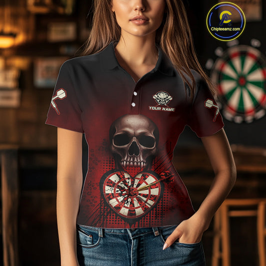 Black And Red Skull Camo Heart Dartboard Darts Polo Shirt For Women Grunge Dart Jerseys NYN1962
