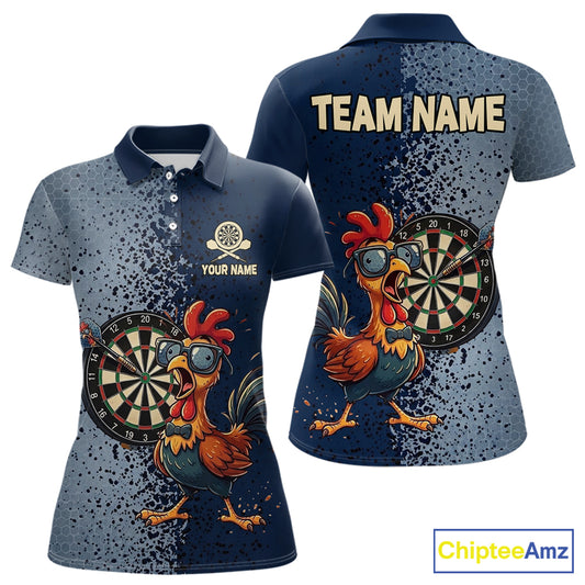 Blue Hexagon Splatter Funny Rooster Darts Polo & 1/4-Zip Shirt Custom Dart Jersey For Women NYN3082