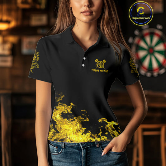 Custom Yellow Flames Skull Dart Arrow Women Men Polo Jerseys Flame Dart Team Shirt NYN1709