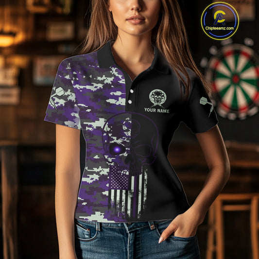 Black And Purple US Flag Digital Camo Skull Custom Men Darts Polo Shirt Dart Gifts NYN1984