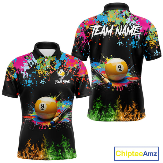 Colorful Paint & Flame 9 Ball Billiard Shirt For Men Personalized Cue Billiard Team Shirt NYN3089