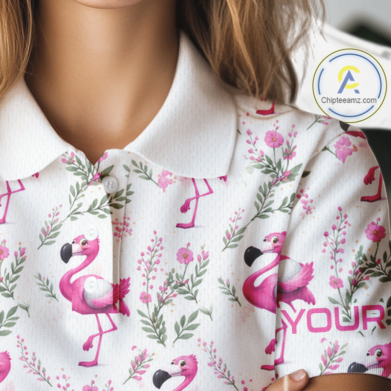 Custom Name Golf Polo Shirt For Women Personalized Watercolor Pink Flamingo Floral Pattern Golf Shirt NYN4543