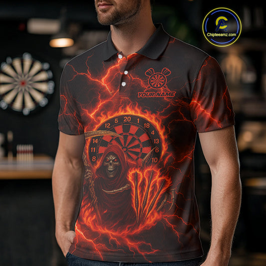 Custom Red Flames Grim Reaper Lightning Dart Men Polo Jerseys Outfits Dart Gifts NYN1719