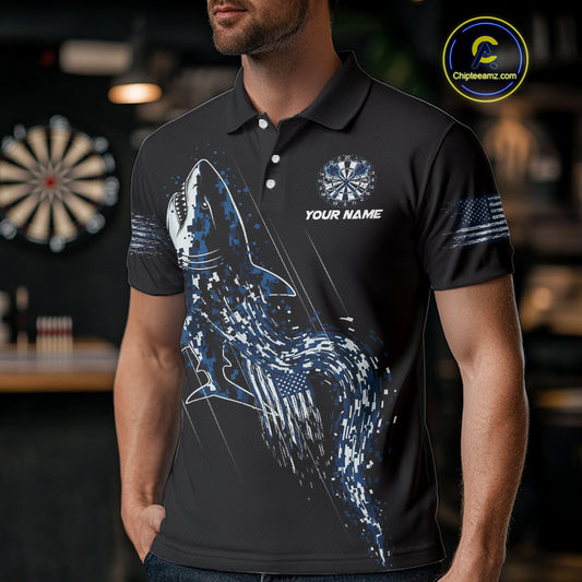 Custom Black And Blue US Flag Digital Camo Shark Darts Polo Shirt For Men Dart Gifts NYN1994