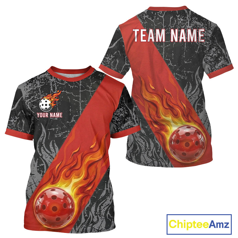 Fire Flame Pickleball Ball Custom Pickleball Shirts For Men, Grunge Pickleball T-Shirt Tops | Red NYN3102
