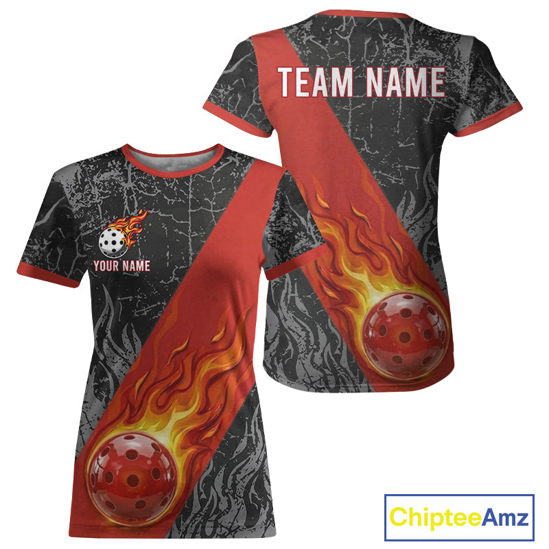 Fire Flame Pickleball Ball Custom Pickleball Shirts For Women, Grunge Pickleball T-Shirt Tops | Red NYN3102