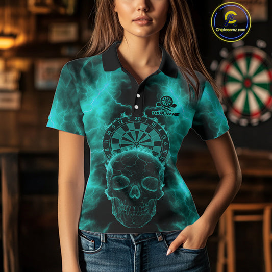 Custom Turquoise Skull Lightning Dartboard Dart Polo Jerseys For Women Outfits Dart Shirts NYN1729