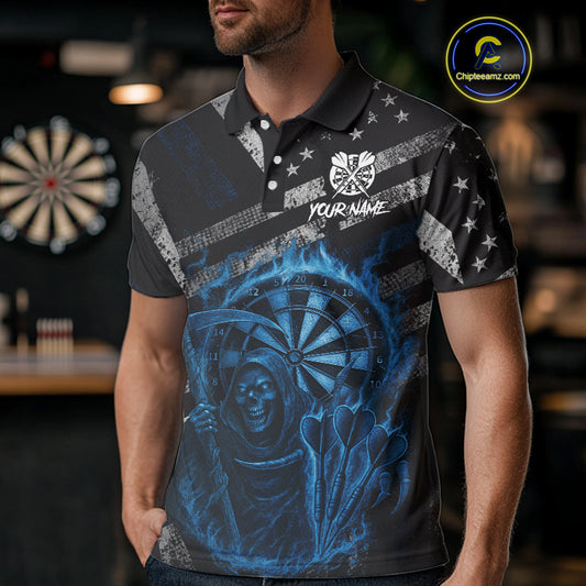 Custom Grunge US Flag Blue Smokes Skeleton Dart Men Polo Jerseys Patriotic Dart Shirts NYN1730