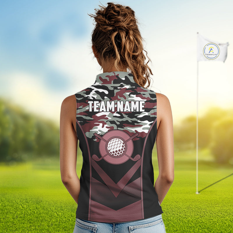 Black Maroon Camo Golf Sleeveless Polo Shirts For Women Custom Golf Outfit Women, Personalized Golf Team Gifts NYN4921