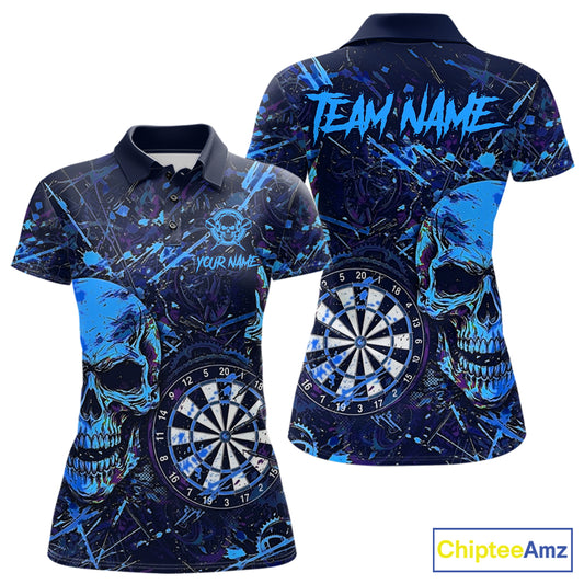 Grunge Blue Purple Horror Skull Women's Darts Polo Shirt, Personalized Splatter Team Jersey, Gothic Tournament Apparel, Custom League Uniform, Skull Graphic Performance Shirt, Fearless, Power & Competitive Mindset