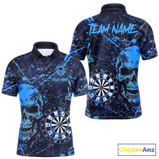 Grunge Blue Purple Horror Skull Men's Darts Polo Shirt, Personalized Splatter Team Jersey, Gothic Dart League Apparel, Custom Skull Performance Shirt, Strength, Fearless Spirit & Championship Energy