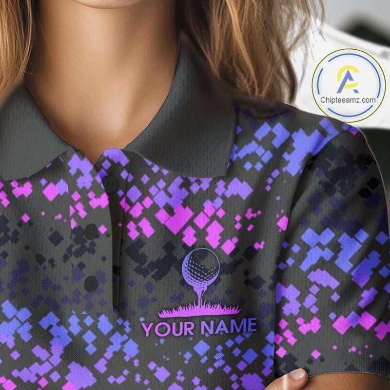 Personalized Purple Pink Pixel Women Golf Polo Shirt Custom Name Camo Golf Apparel NYN4571