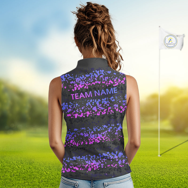 Personalized Purple Pink Pixel Women Golf Sleeveless Polo Shirt Custom Name Camo Golf Apparel NYN4571