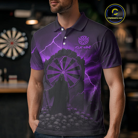Custom Multi-Skull Lightning Purple Dartboard Dart Men Polo Jerseys Grim Reaper Dart Shirts NYN1737