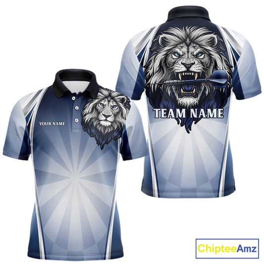 Personalized Blue And Silver Funny Lion Darts Shirt Lion Darts Polo & 1/4-Zip For Men Darts Gifts NYN2899