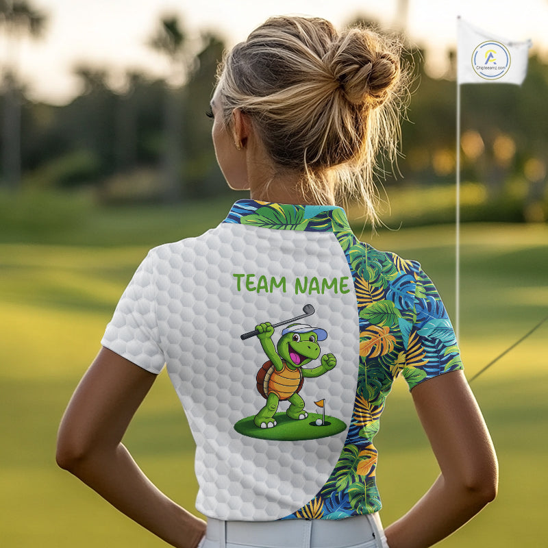 Golfing Turtle Womens Golf Polo Shirt Custom Tropical Pattern Monstera Golf Team Shirts NYN2907