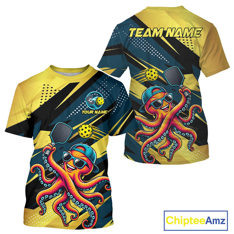 Personalized Yellow & Blue Funny Pickleball Shirt Men Custom Octopus Pickleball Team Jersey NYN4588