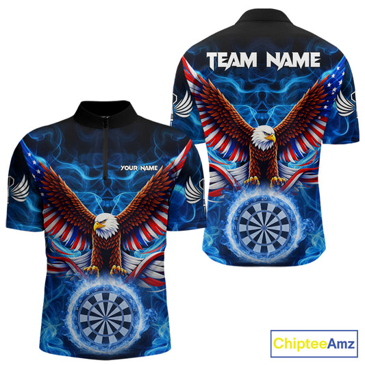 Blue Flames US Flag Eagle Freedom Darts 1/4-Zip Shirt Personalized Patriotic Men Dart Team Jerseys NYN2538