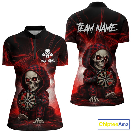 Black & Red Grunge Light Caro Skeleton Women Darts 1/4-Zip Shirt Custom Funny Dart Team Jerseys NYN2539