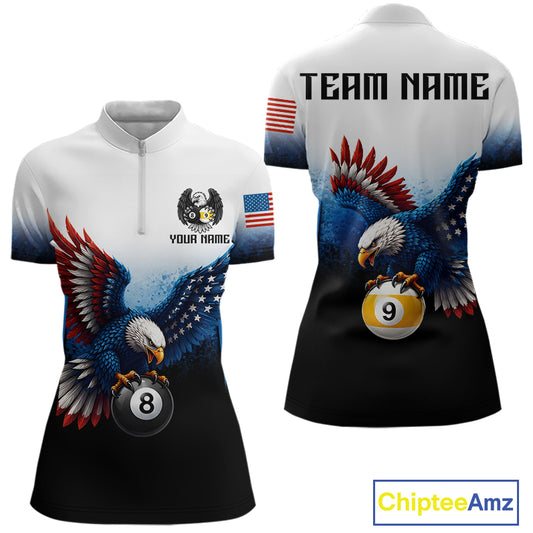 Grunge blue eagle 8 ball 9 ball billiard 1/4-zip shirt for women patriotic team apparel