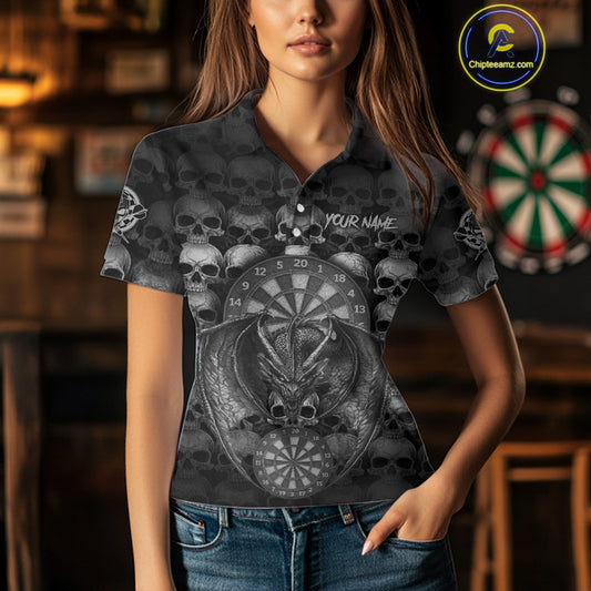 Grey Skull Pattern Dragon Darts League Shirt Custom Retro Skull Women Darts Polo Jersey NYN2049