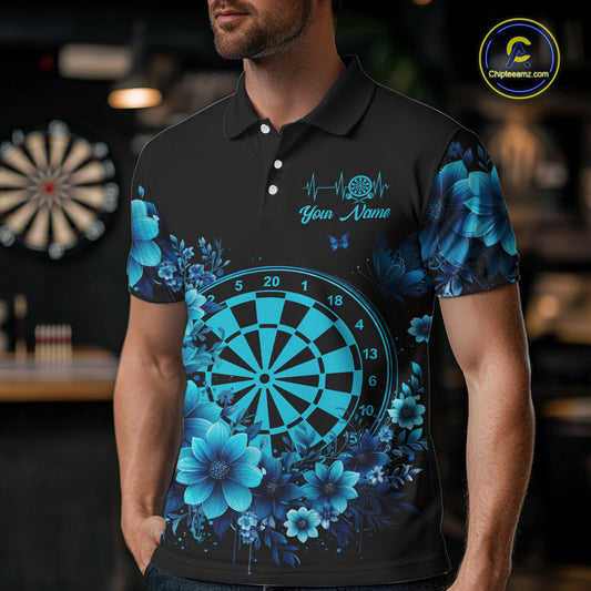 Blue Flowers & Butterfly Dartboard Custom Men Darts Polo Shirts Dart League Jerseys NYN2265