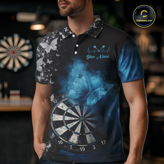 Custom Silver Butterfly Blue Smoking Grunge Dartboard Men Darts Polo Shirts Dart Jerseys NYN2266