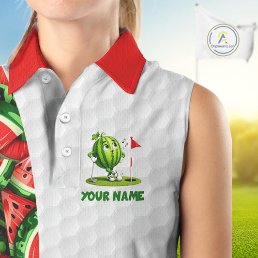 Custom Watermelon Golfer Funny Golf Team Outfits Watermelon Slices Golf Polo Sleeveless Shirts For Women NYN3319