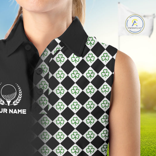 Custom Black & Green Argyle Pattern Shamrock Golf Sleeveless Polo Shirt For Women St Patrick Golf Team Shirt NYN4224