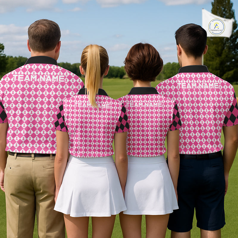 Custom Black & Pink Ribbon Argyle Pattern Golf Polo Shirt For Men Breast Cancer Golf Team Shirt NYN4225