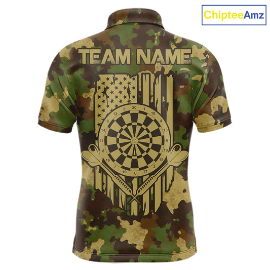 Green Beige Camo Men's Dart Polo Shirt, Personalized Patriot Dart League Jersey, Tactical Athletic Apparel