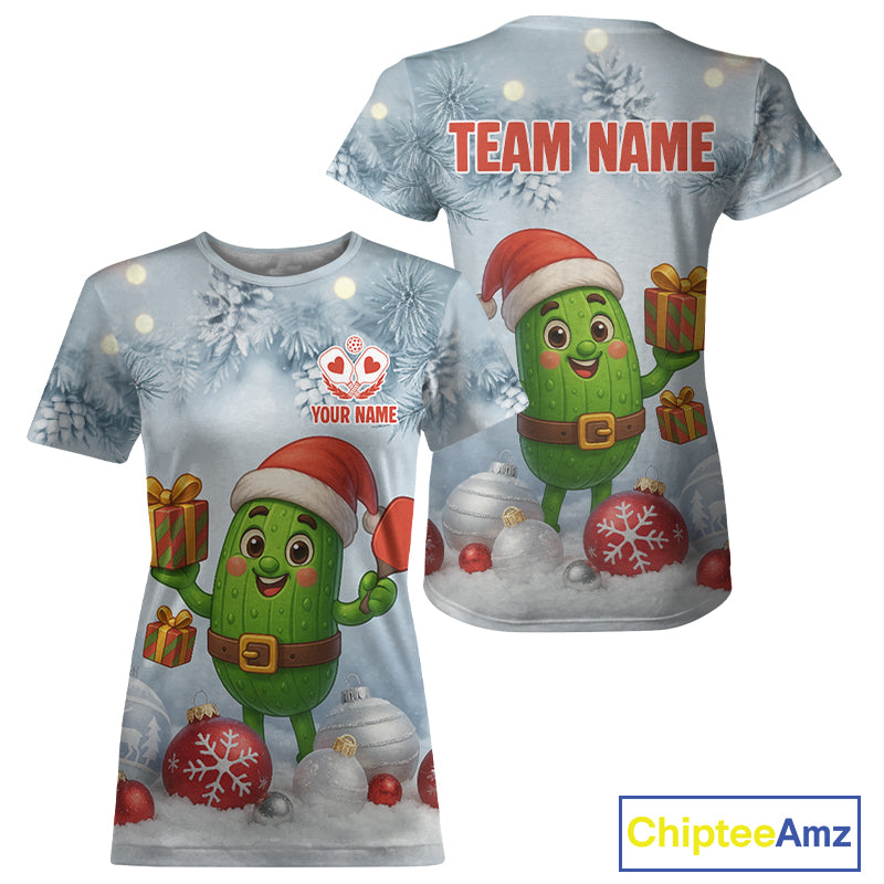 Custom Funny Pickle Christmas Pickleball T-Shirt For Women Xmas Pickleball Team Jersey NYN1237