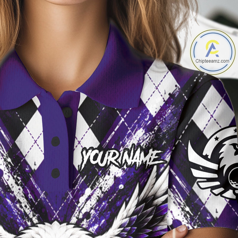 Purple Argyle Eagle Golf Polo Shirt For Women Custom Grunge Argyle Golf Team Tournament Apparel NYN5037