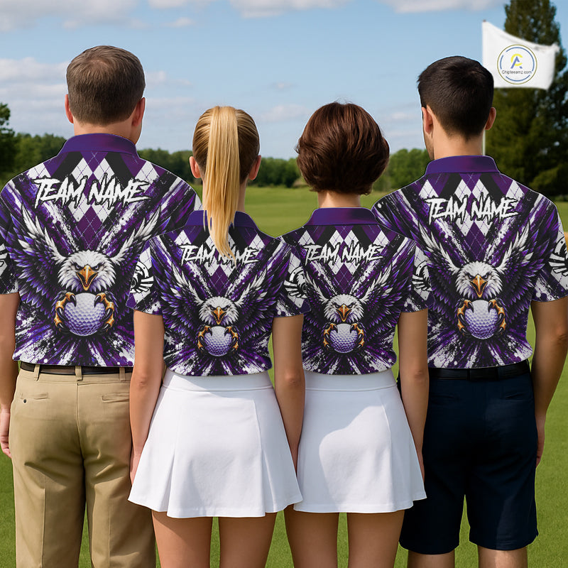 Purple Argyle Eagle Golf Polo Shirt For Men Custom Grunge Argyle Golf Team Tournament Apparel NYN5037