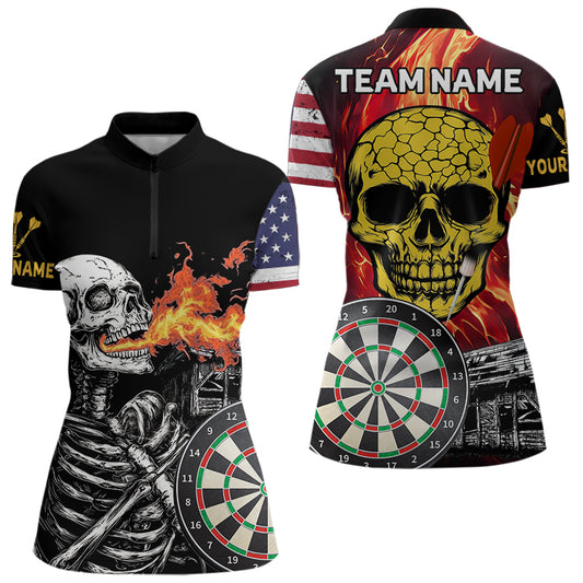 Custom US Flag Flame Skull Dartboard Dart Shirts For Women Dart Team Jerseys Personalized NYN0036