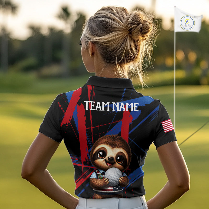Female golfer wearing cute sloth golf polo featuring colorful brush artwork, representing positive energy and fun golf lifestyle.