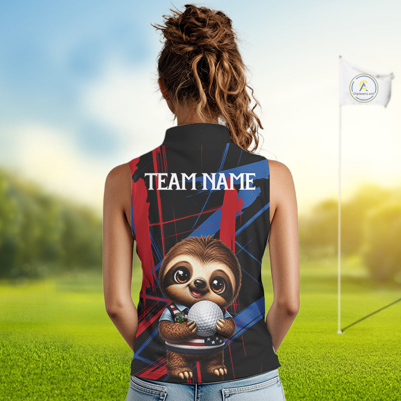 Female golfer wearing cute sloth golf polo featuring colorful brush artwork, representing positive energy and fun golf lifestyle.