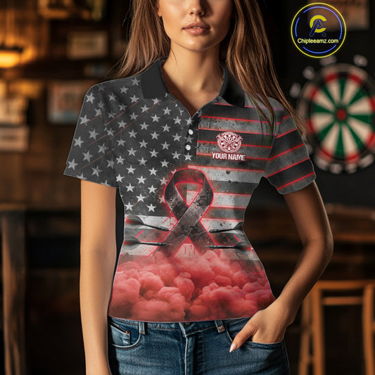 Red Cloud Ribbon US Flag Dart Arrow Custom Breast Cancer Awareness Darts Women Polo Shirt NYN1818