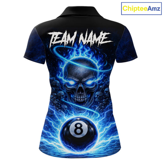 Blue Flames Multi Skull Thunder Pool 8 Ball 3D Billiard Shirt For Women Custom Billiard Team Attire NYN2603