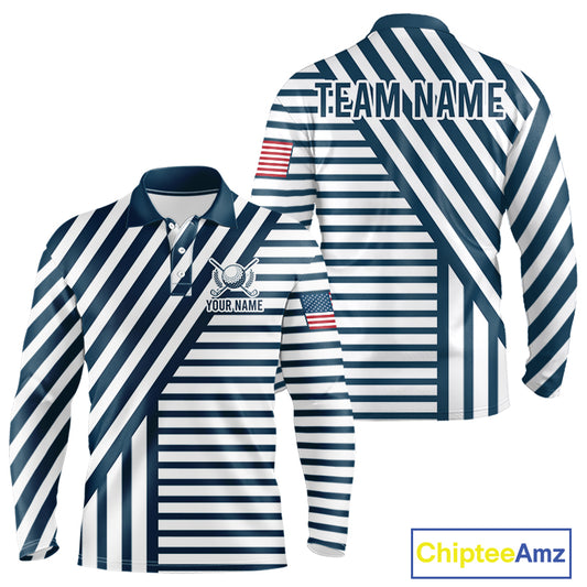 White and blue pinstripe mens golf polo patriotic golf shirt