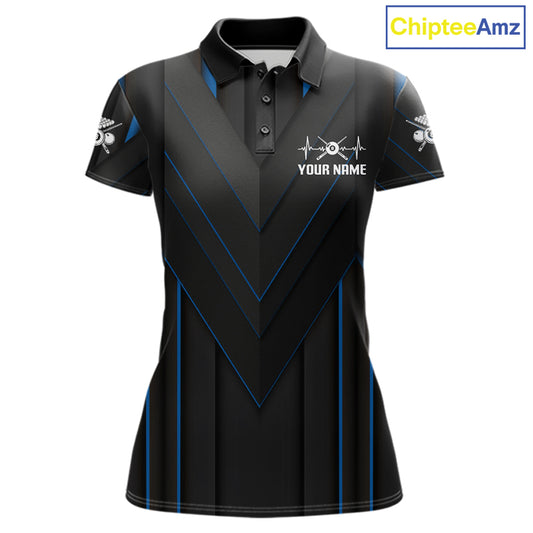 Women Beat Heart Pool Billiard Polo & 1/4-Zip Shirt Custom Light 8 Ball Billiard Team Apparel | Blue NYN4339