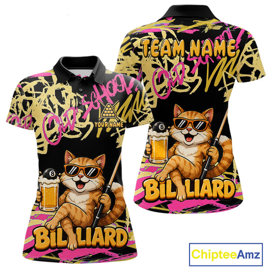 Custom Name Billiard Shirt For Women Retro Graffiti Cat & Beer 8 Ball Pool Jersey, Funny Billiard Gifts NYN4342
