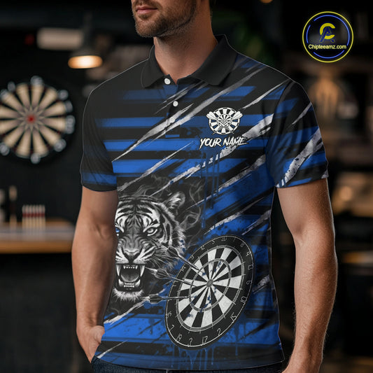 Blue Grunge Grey Smoke Tiger Dartboard Custom Dart Polo Shirt Men Dart League Jerseys NYN2089