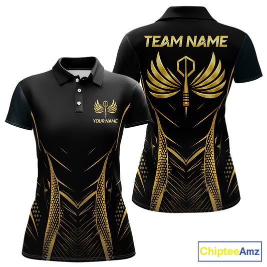Personalized Black And Gold Wings Dart Arrow Women Darts Polo Shirt Custom Dart Team Jersey NYN2619